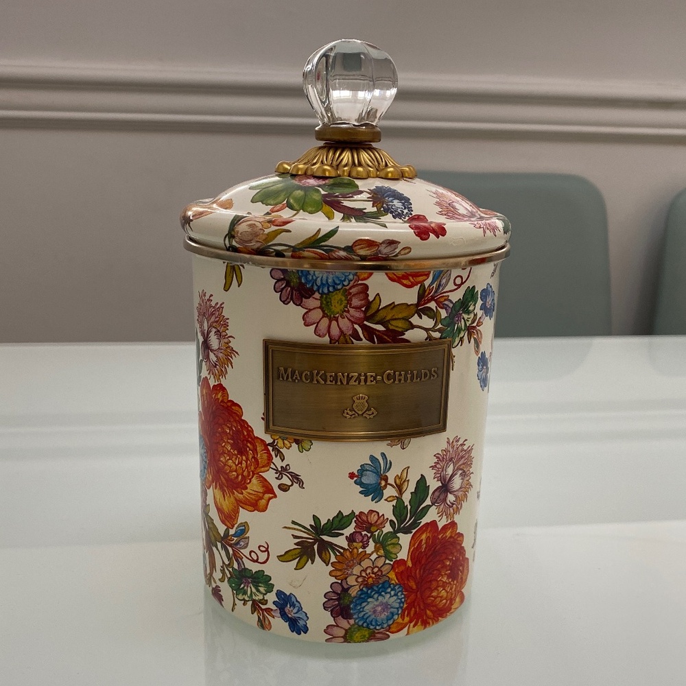 Mackenzie Child Authentic white Multicolor Flower print medium size canister